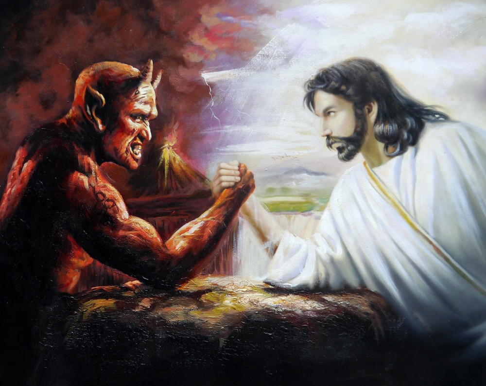 100-Handpainted-Jesus-and-the-Devil-Arm-Wrestling-50x60cm-Portrait-Oil-Painting-on-Canvas