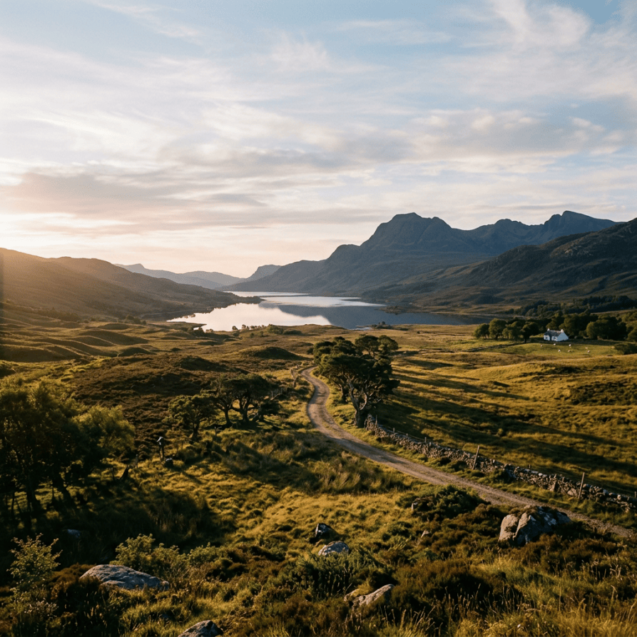 Valley with winding dirt road, trees, lake, and mountains under sunset sky